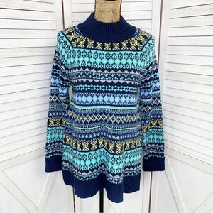 New York & Company Sweater Fair Isle Pull Over Blue Multi Medium Mock Neck